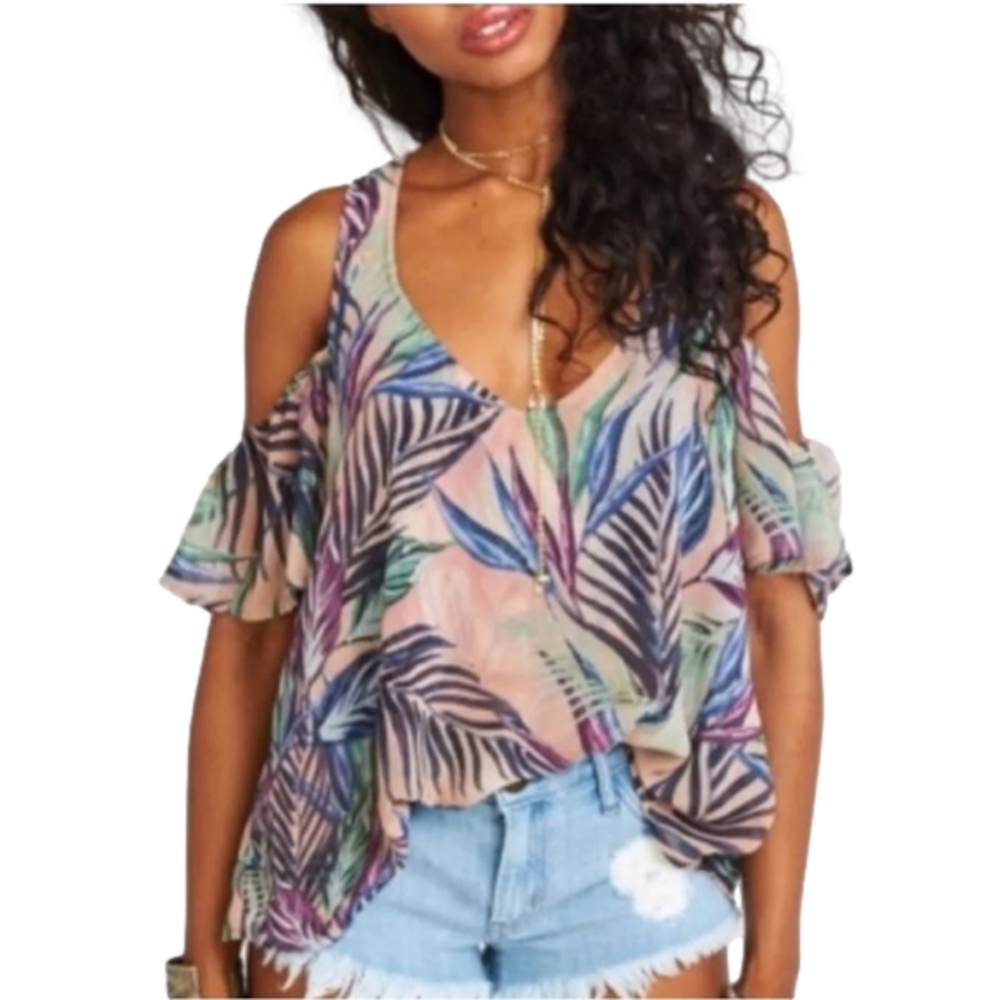 Show Me Your Mumu Hazel Palm Ruffle Cold Shoulder